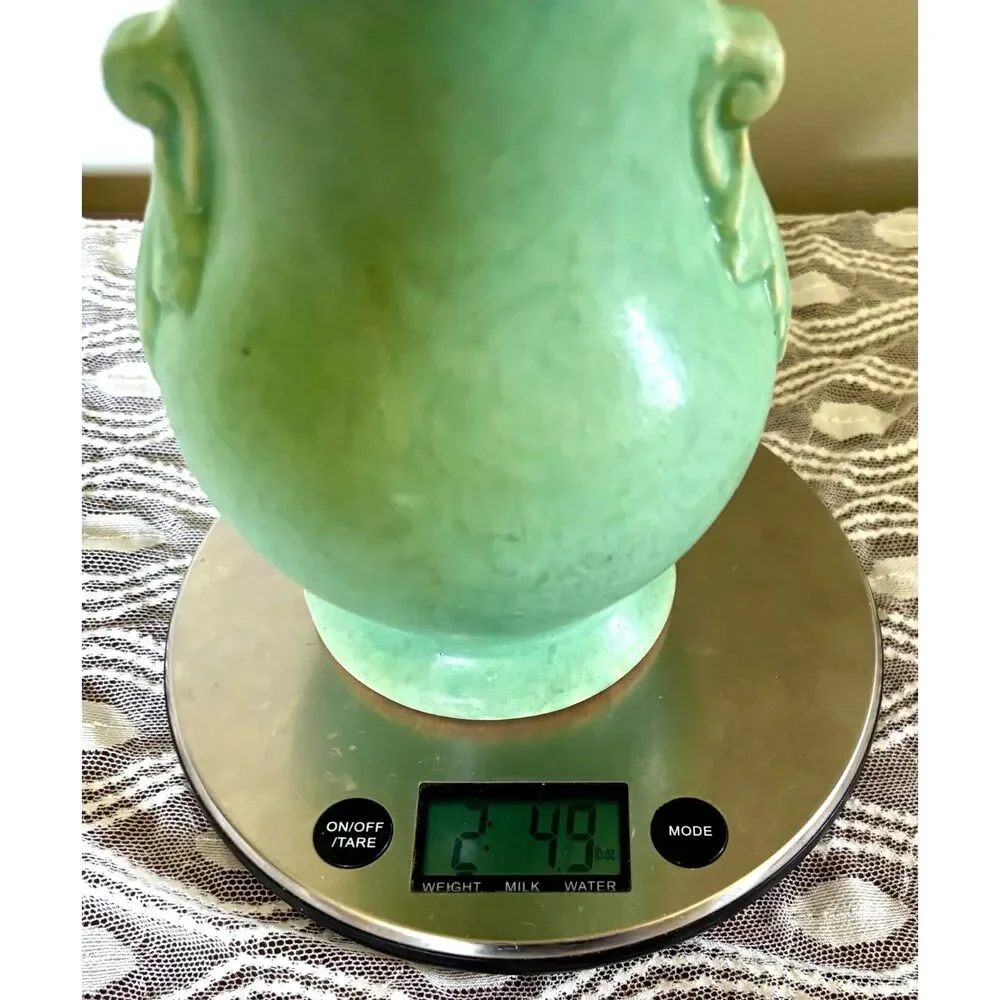 VTG McCoy Pottery Vase Matte Seafoam Green Arts & Crafts Leaf & Scroll 11.5